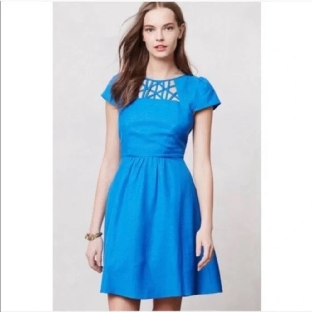 Maeve Anthropologie Blue Lattice Cutout Fit & Flare Dress Size 14
